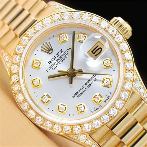 18k gold rolex womens watch|ladies gold Rolex diamond bezel.